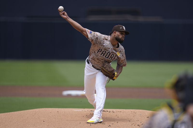 San Diego Padres starting pitcher Randy Vasquez works against an Atlanta Braves batter during the first inning of a baseball game Sunday, July 14, 2024, in San Diego. (AP Photo/Gregory Bull)