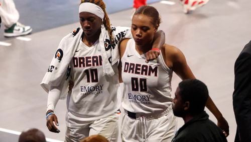 Atlanta Dream guard Rhyne Howard (10) and Atlanta Dream forward Naz Hillmon (00) walk off of the court after their loss to the New York Liberty at the Gateway Center Arena, Thursday, June 6, 2024, in Atlanta. The Dream lost 78-61. (Jason Getz / AJC)
