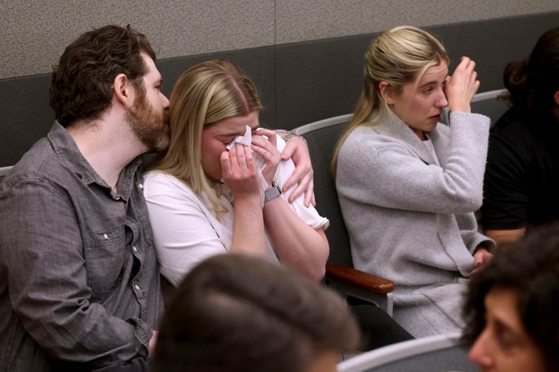 Family members of Jeff German react to the guilty verdict in Robert Telles' murder trial at the Regional Justice Center in Las Vegas Wednesday, Aug. 28, 2024. Telles, a former Clark County public administrator, was found guilty in the stabbing death of German, a Las Vegas Review-Journal investigative journalist. (K.M. Cannon/Las Vegas Review-Journal via AP)/Las Vegas Review-Journal via AP, Pool)