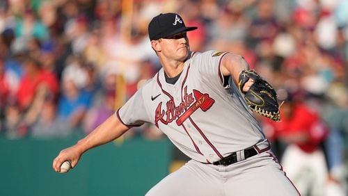 Atlanta Braves' Michael Soroka pitches to a Cleveland Guardians batter during the first inning of a baseball game Wednesday, July 5, 2023, in Cleveland. (AP Photo/Sue Ogrocki)