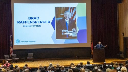 Secretary of State Brad Raffensperger speaks to the Georgia Election Officials during a training session at the  Public Safety Training Center in Forsyth on Tuesday, Aug 27, 2024.  (Steve Schaefer / AJC)