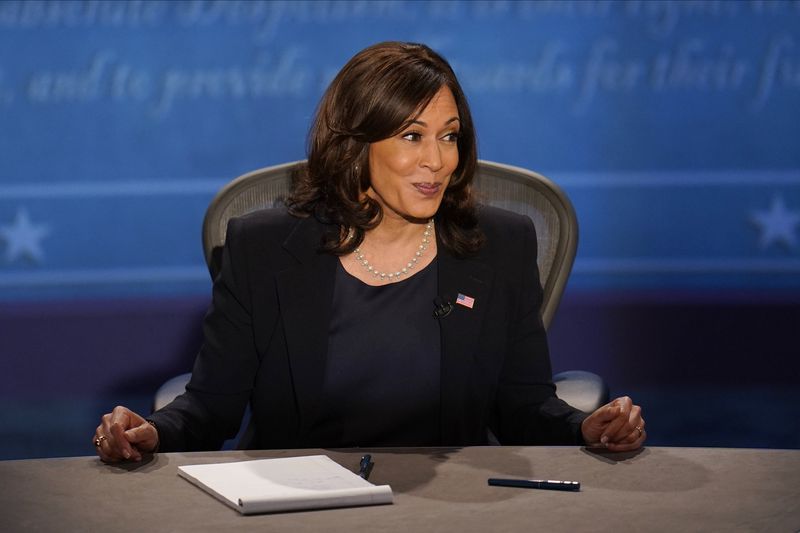 FILE - Democratic vice presidential candidate Sen. Kamala Harris, D-Calif., participates in the vice presidential debate with Vice President Mike Pence, Oct. 7, 2020, at Kingsbury Hall on the campus of the University of Utah in Salt Lake City. (AP Photo/Julio Cortez, File)