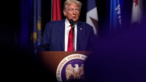 Republican presidential nominee former President Donald Trump speaks at the National Guard Association of the United States' 146th General Conference, Monday, Aug. 26, 2024, in Detroit. (AP Photo/Carolyn Kaster)