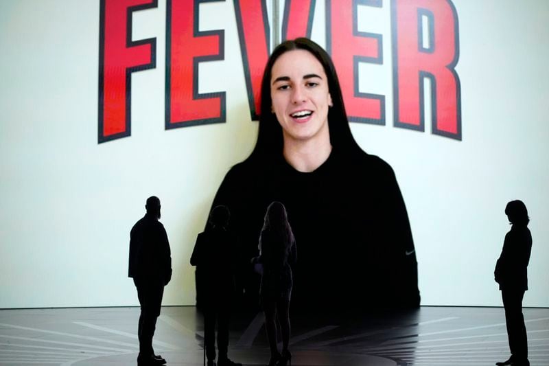 Caitlin Clark delivers a video message after she was awared the the Best Record-Breaking Performance award at the ESPY awards on Thursday, July 11, 2024, at the Dolby Theatre in Los Angeles. (AP Photo/Mark J. Terrill)