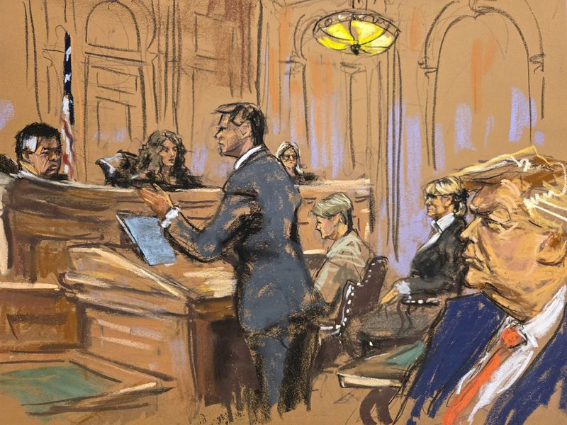 Attorney John Sauer, center, presents arguments for former President Donald Trump, right, as E. Jean Carroll, second from right, looks on in Manhattan federal court, Friday, Sept. 6, 2024, in New York. (Jane Rosenberg via AP)