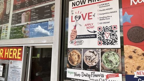 Despite a deceleration in growth, many employers are still looking to hire. Here, the front window at a Bruster's ice cream shop in Atlanta. Michael E. Kanell/michael.kanell@ajc.com