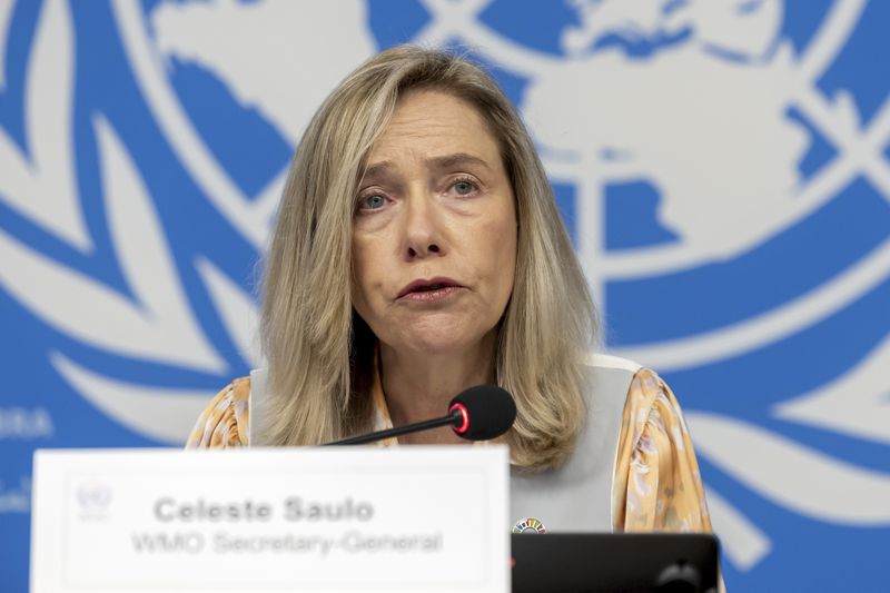 Celeste Saulo, secretary-general of World Meteorological Organization (WMO), presents the WMO's State of Global Water Resources report during a press conference at the European headquarters of the United Nations in Geneva, Switzerland, Monday, Oct. 7, 2024. (Salvatore Di Nolfi/Keystone via AP)