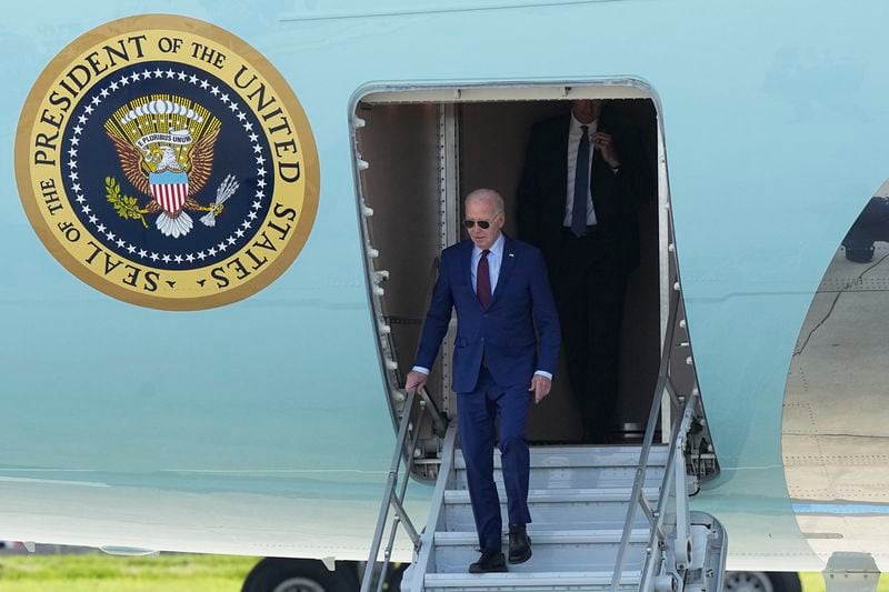 President Joe Biden disembarks Air Force One, Wednesday, June 5, 2024 at Orly airport, south of Paris. President Joe Biden will mark the 80th anniversary of the D-Day invasion in France this week as he tries to demonstrate steadfast support for European security. (AP Photo/Michel Euler)