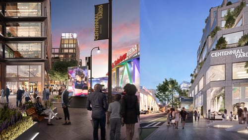 Two renderings of the planned Centennial Yards development in downtown Atlanta. (Courtesy: DBOX for Centennial Yards)