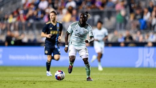 Atlanta United midfielder Tristan Muyumba #8 dribbles the ball during the match against Philadelphia Union at Subaru Park in Philadelphia, PA on Wednesday October 4, 2023. (Photo by Mitch Martin/Atlanta United)