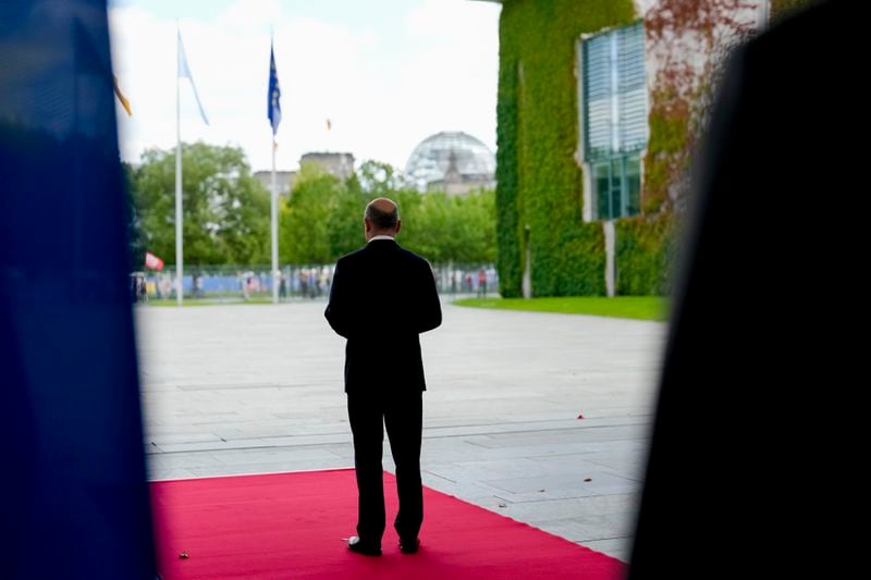 German Chancellor Olaf Scholz waits for the arrival of Argentina's President Javier Milei for talks at the chancellery in Berlin, Germany, Sunday, June 23, 2024. (AP Photo/Markus Schreiber)