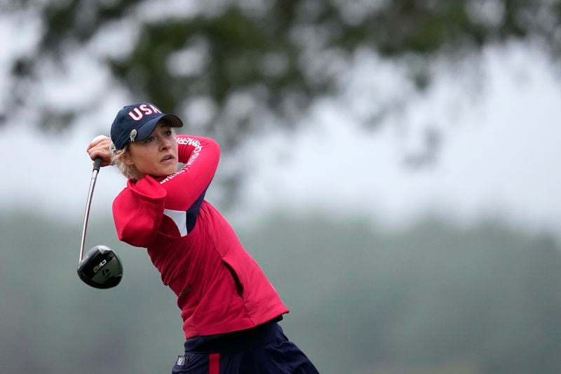 United States' Nelly Korda hits from the second tee during a Solheim Cup golf tournament foursomes match at Robert Trent Jones Golf Club, Friday, Sept. 13, 2024, in Gainesville, VA. (AP Photo/Matt York)