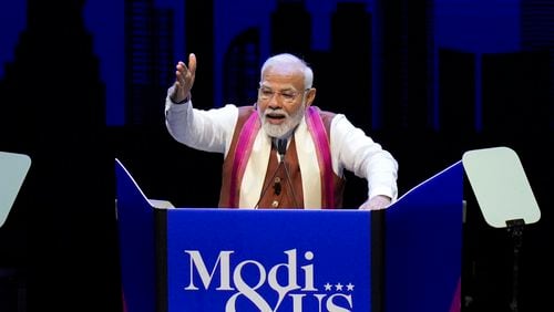 Narendra Modi, Prime Minister of India, speaks at an event in Uniondale, N.Y., Sunday, Sept. 22, 2024. (AP Photo/Seth Wenig)