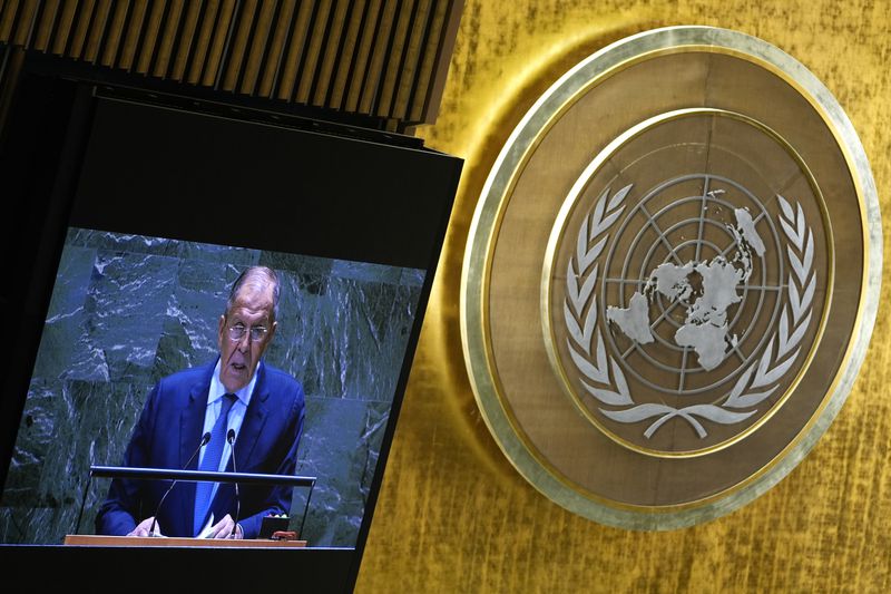 Russia's Minister for Foreign Affairs Sergey Lavrov addresses the 79th session of the United Nations General Assembly, Saturday, Sept. 28, 2024. (AP Photo/Pamela Smith)