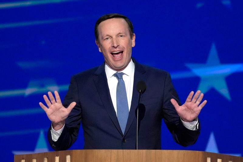 Sen. Chris Murphy, D-Conn., speaks during the Democratic National Convention, Wednesday, Aug. 21, 2024, in Chicago. (AP Photo/J. Scott Applewhite)