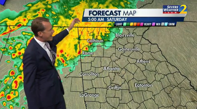 Channel 2 Action 2 New meteorologist Brad Nitz shows how rain storms will sweep into metro Atlanta early Saturday.