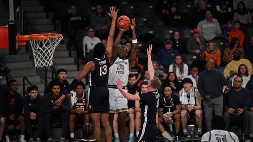 Tech's Kowacie Reeves Jr. puts up a jumper against Virginia. Photo: Danny Karnik / Georgia Tech Athletics