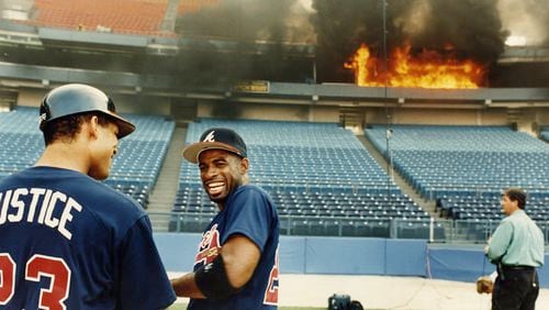 Braves players, including David Justice and Deion Sanders, were on the field for batting practice when a fire broke out on the club level of Atlanta-Fulton County Stadium in 1993.