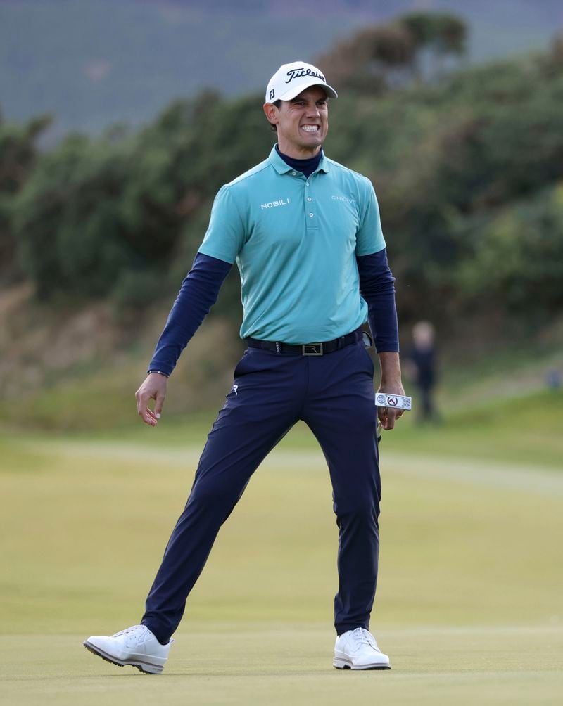 Italy's Matteo Manassero reacts after missing a birdie opportunity on the thirteenth green during day four of the Amgen Irish Open 2024 at Royal County Down in Newcastle in Newcastle, County Down, England, Sunday Sept. 15, 2024. (Peter Morrison/PA via AP)