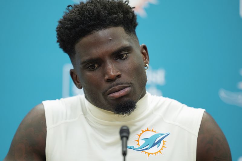 Miami Dolphins wide receiver Tyreek Hill speaks to journalists following a team practice, Wednesday, Sept. 11, 2024, in Miami Gardens, Fla. (AP Photo/Rebecca Blackwell)