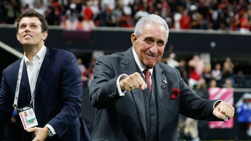 Falcons Owner Arthur Blanck reacts after the Falcons defeated the New Orleans Saints 26-24  on Sunday, Sept. 29, at Mercedes-Benz Stadium in Atlanta. 
(Miguel Martinez/ AJC)