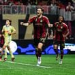 Atlanta United midfielder Alexey Miranchuk #59 scores a goal during the match against the New York Red Bulls at Mercedes-Benz Stadium in Atlanta, GA on Saturday October 5, 2024. (Photo by Mitch Martin/Atlanta United)