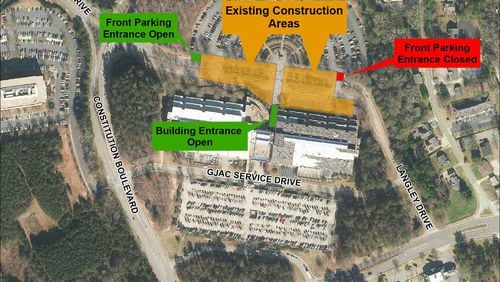 An entrance to the parking lot at the Gwinnett Justice and Administration Center will close for a construction project.