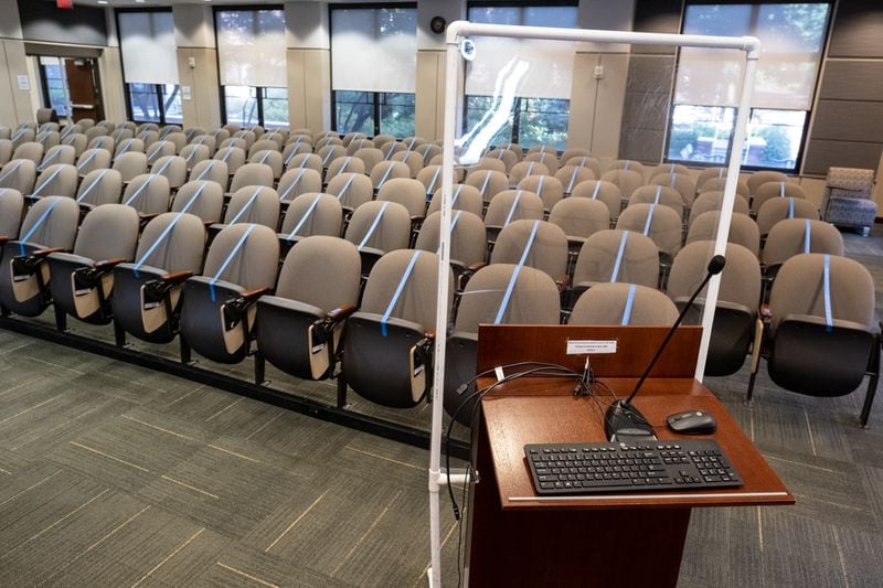 A presentation room in the Bill Moore Student Success Center at Georgia Tech has been converted from a 140-person theater to a 29-student classroom. Because the podium is not quite far enough away from the seats, an acrylic partition has been added for the instructor. BEN GRAY FOR THE ATLANTA JOURNAL-CONSTITUTION
