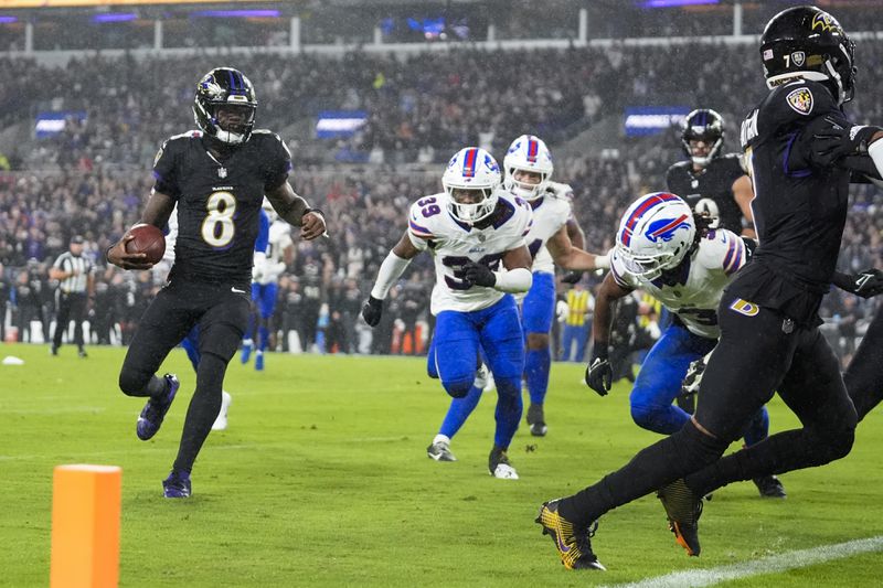 Baltimore Ravens quarterback Lamar Jackson (8) runs for a touchdown against the Buffalo Bills during the second half of an NFL football game, Sunday, Sept. 29, 2024, in Baltimore. (AP Photo/Stephanie Scarbrough)