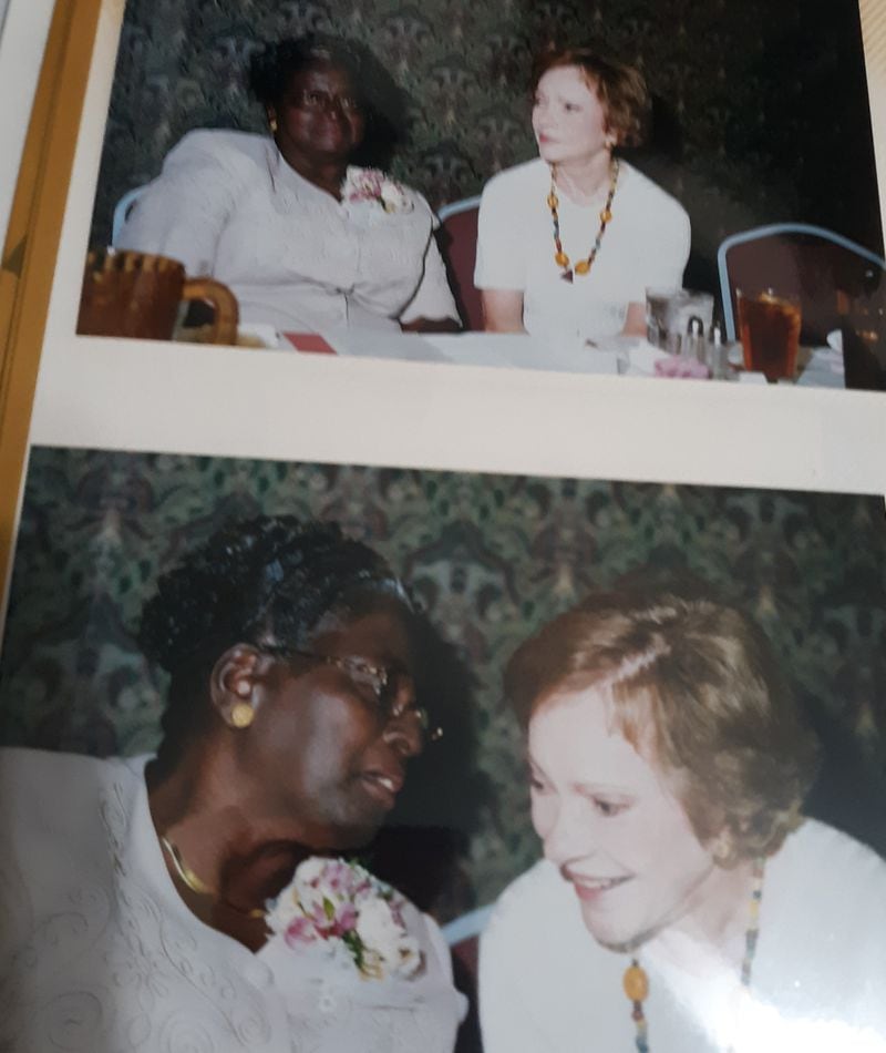 Undated photos of Mary Minion, Berstine Hollis' mother, inside a banquet room at a Ramada Inn having a conversation with Rosalynn Carter.