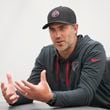 Atlanta Falcons offensive coordinator Zac Robinson talks during media availability during OTAs, Wednesday, June 5, 2024, in Flowery Branch, Ga. (Jason Getz / AJC)
