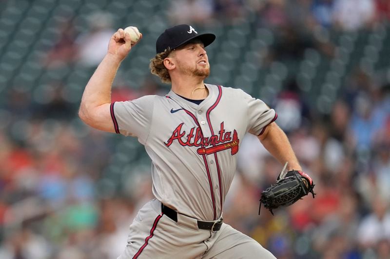 Atlanta Braves starting pitcher Spencer Schwellenbach delivers during the first inning of a baseball game against the Minnesota Twins, Tuesday, Aug. 27, 2024, in Minneapolis. (AP Photo/Abbie Parr)