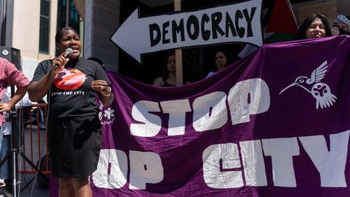 Opponents of the Atlanta Public Safety Training Center gathered at Atlanta City Hall on Monday to protest its continued construction, on Monday, May 20, 2024. (Ben Hendren for the Atlanta Journal Constitution)