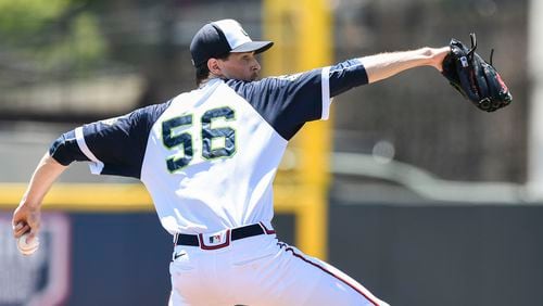 Braves pitcher Max Fried delivers a pitch for the Gwinnett Stripers in a rehab start against the Omaha Storm on July 9, 2023 at Coolray Field. (Daniel Varnado/ For the AJC)