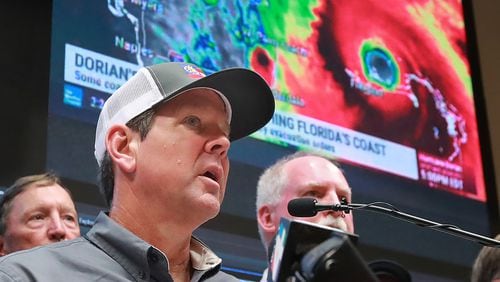 September 2, 2019 Brunswick: Georgia Governor Brian Kemp holds a Hurricane Dorian briefing at the Glynn County Public Safety Complex after ordering 6 counties to evacuate on Monday, Sept. 2, 2019, in Brunswick.   Curtis Compton/ccompton@ajc.com