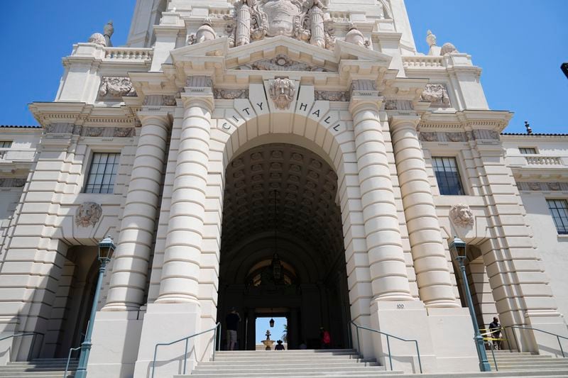 An overall view of Pasadena City Hall is seen Monday, Aug. 12, 2024, in Pasadena, Calif, after an earthquake was strongly felt from the Los Angeles area all the way to San Diego. (AP Photo/Ryan Sun)