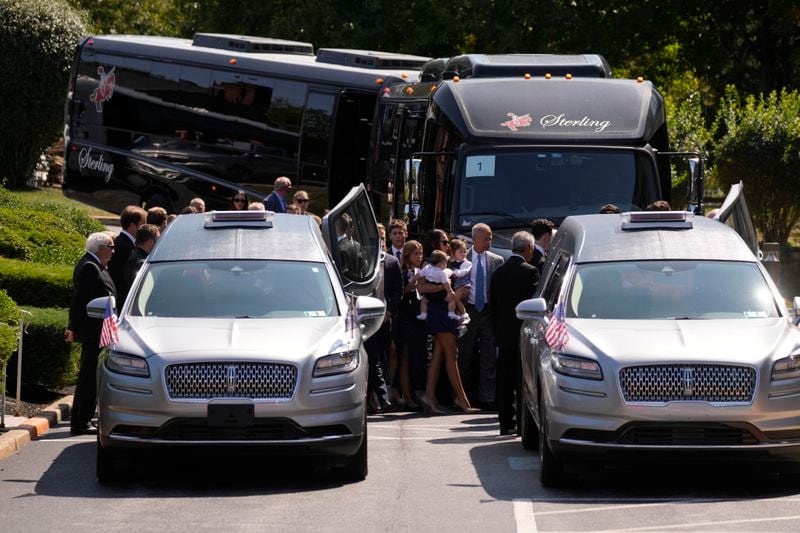 Mourners arrive for a funeral for Columbus Blue Jackets hockey player John Gaudreau and his brother Matthew Gaudreau at St. Mary Magdalen Catholic Church in Media, Pa., Monday, Sept. 9, 2024. (AP Photo/Matt Rourke)