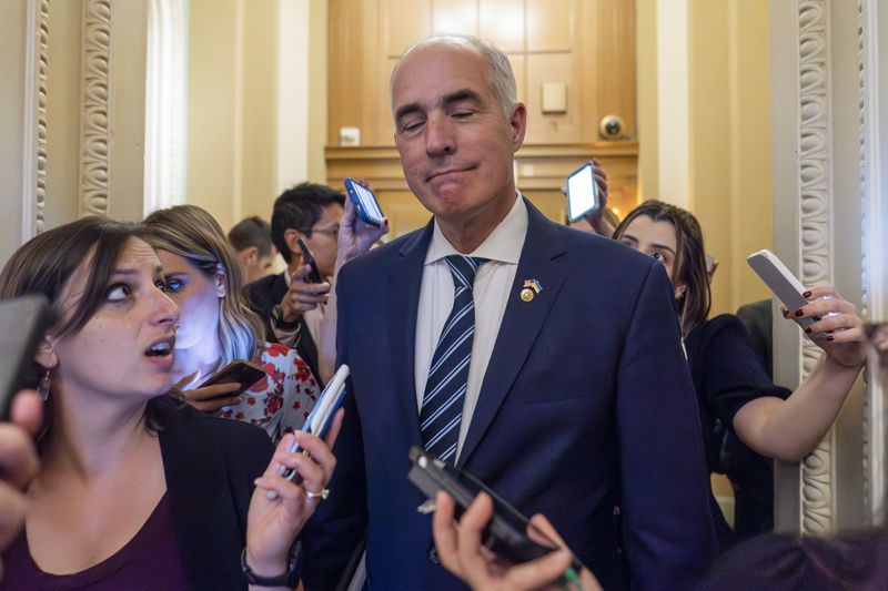 FILE - Sen. Bob Casey, D-Pa., pauses while speaking with reporters after a closed-door caucus meeting at the Capitol, Sept. 28, 2023, in Washington. Abortion rights, suddenly a potent political force in the aftermath of the U.S. Supreme Court's decision to leave such matters to the states, have found an unlikely champion in swing-state Pennsylvania. Casey, who will appear on the November ballot beneath President Joe Biden as they both seek reelection, has begun doing something he's never done before: attacking an opponent over abortion rights. (AP Photo/Alex Brandon, File)