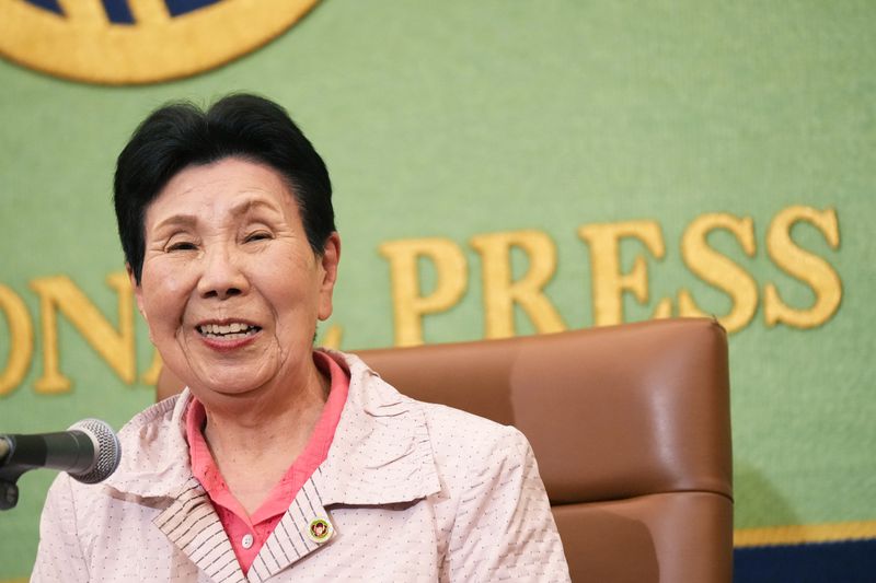 Hideko Hakamada, a sister of Iwao Hakamada, who was recently acquitted by a district court after a retrial for a 1966 quadruple murder, speaks during a news conference in Tokyo, Monday, Sept. 30, 2024. (AP Photo/Hiro Komae)