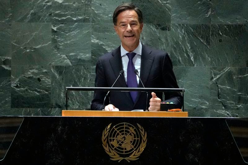 FILE - Netherlands Prime Minister Mark Rutte addresses the 78th session of the United Nations General Assembly, Friday, Sept. 22, 2023. Over the course of more than a dozen years at the top of Dutch politics, Mark Rutte got to know a thing or two about finding consensus among fractious coalition partners. Now he's going to bring the experience of leading four Dutch multiparty governments to the international stage as NATO's new secretary general. (AP Photo/Richard Drew, File)