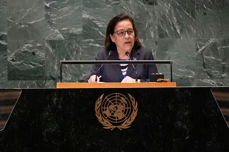 President of the Marshall Islands Hilda Heine addresses the 79th session of the United Nations General Assembly, Wednesday, Sept. 25, 2024. (AP Photo/Pamela Smith)