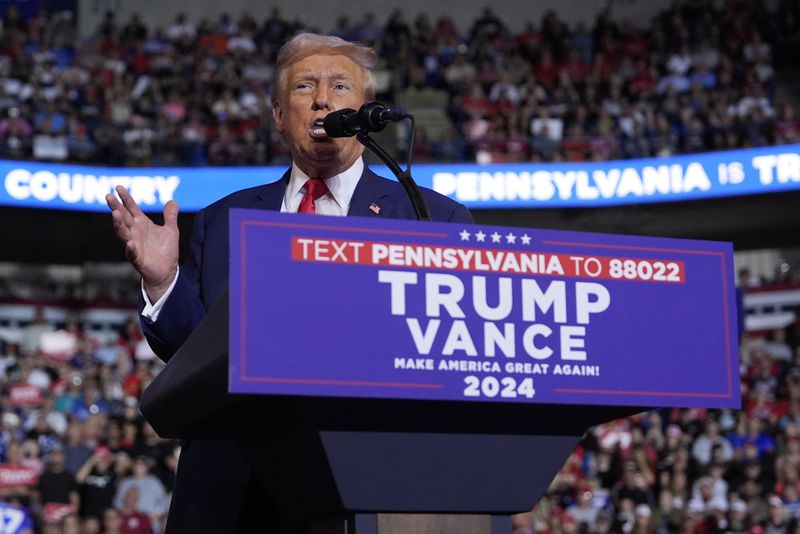 Republican presidential nominee former President Donald Trump speaks at a campaign rally at the Mohegan Sun Arena at Casey Plaza, Saturday, Aug. 17, 2024, in Wilkes-Barre, Pa. (AP Photo/Carolyn Kaster)