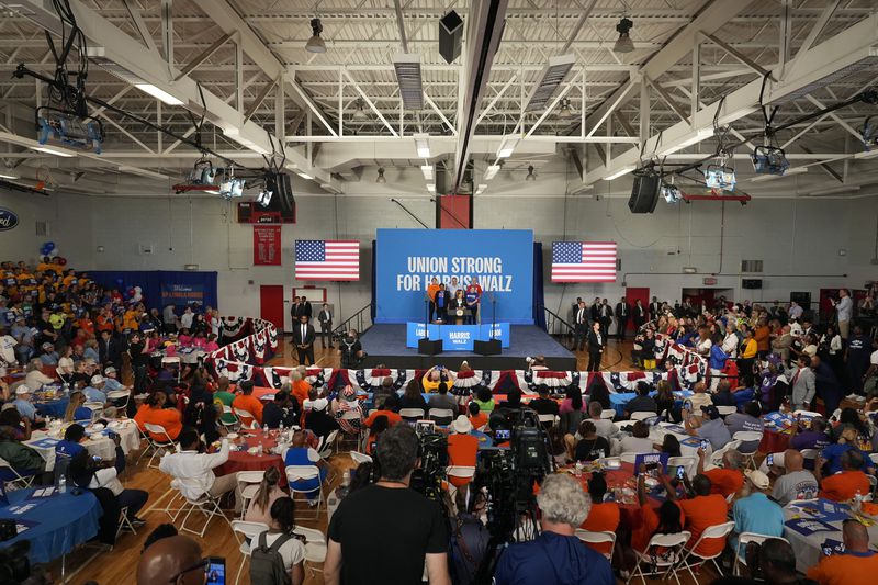 Democratic presidential nominee Vice President Kamala Harris speaks at a campaign event at Northwestern High School in Detroit, Monday, Sept. 2, 2024. (AP Photo/Paul Sancya)