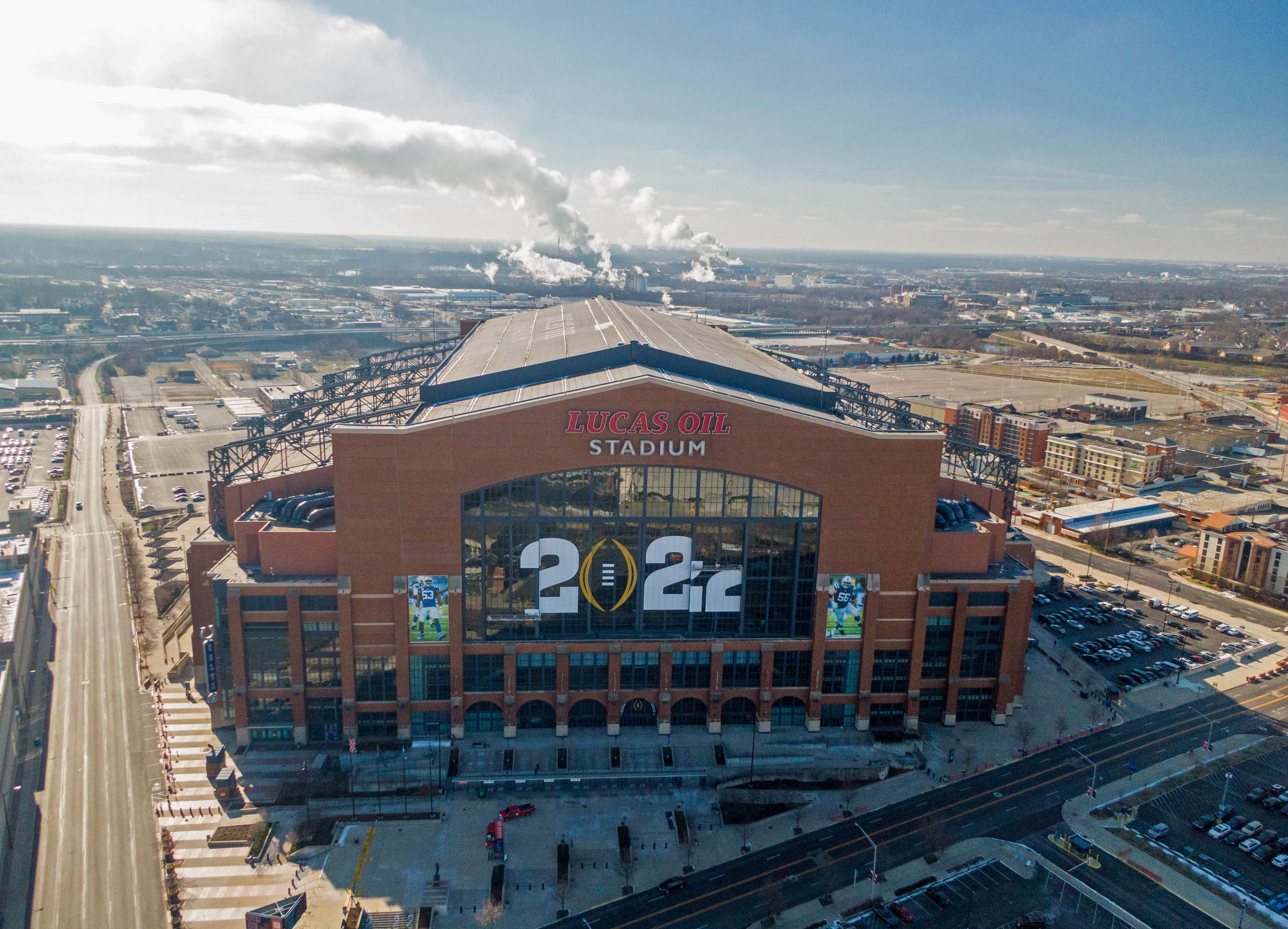 Aerial view of Indianapolis, Indiana, with a focus on Lucas Oil