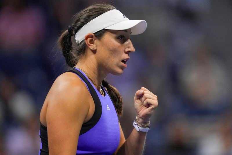 Jessica Pegula, of the United States, reacts after scoring a point against Karolina Muchova, of the Czech Republic, during the women's singles semifinals of the U.S. Open tennis championships, Thursday, Sept. 5, 2024, in New York. (AP Photo/Julia Nikhinson)