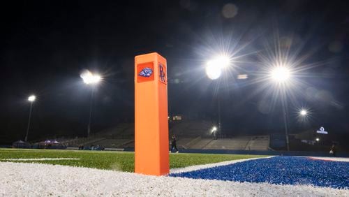 The end zone pylon is shown before the first round game between Peachtree Ridge and  Lambert in the Class 7A playoffs at Peachtree Ridge high school, Friday, November 10, 2023, in Suwanee, Ga. (Jason Getz / Jason.Getz@ajc.com)