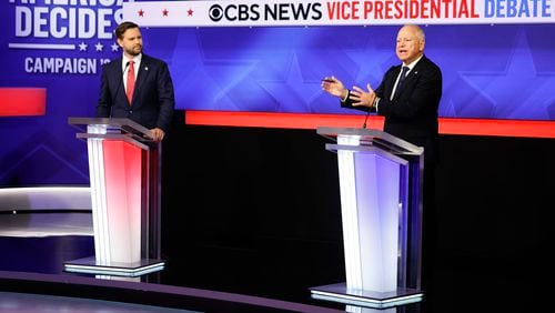 Republican U.S. Sen. JD Vance of Ohio (left) and Democratic vice presidential candidate Minnesota Gov. Tim Walz debated in New York on Tuesday.