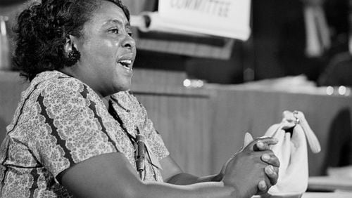 FILE - Fannie Lou Hamer, a leader of the Mississippi Freedom Democratic Party, testifies before the credentials committee of the Democratic National Convention in Atlantic City, N.J., on Aug. 22, 1964, as her racially integrated group challenged the seating of the all-white Mississippi delegation. (AP Photo, File)