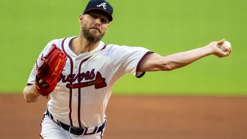 Braves starting pitcher Chris Sale delivers to a Colorado Rockies batter in the first inning at Truist Park on Tuesday, Sept. 3, 2024, in Atlanta. (Arvin Temkar / AJC)