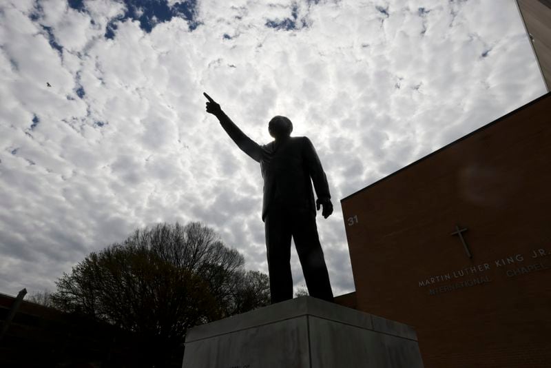 The Martin Luther King Jr. statue is shown outside of the Martin Luther King, Jr. International Chapel on the Morehouse College campus, Monday, March 18, 2024, in Atlanta.  (Jason Getz / jason.getz@ajc.com)
